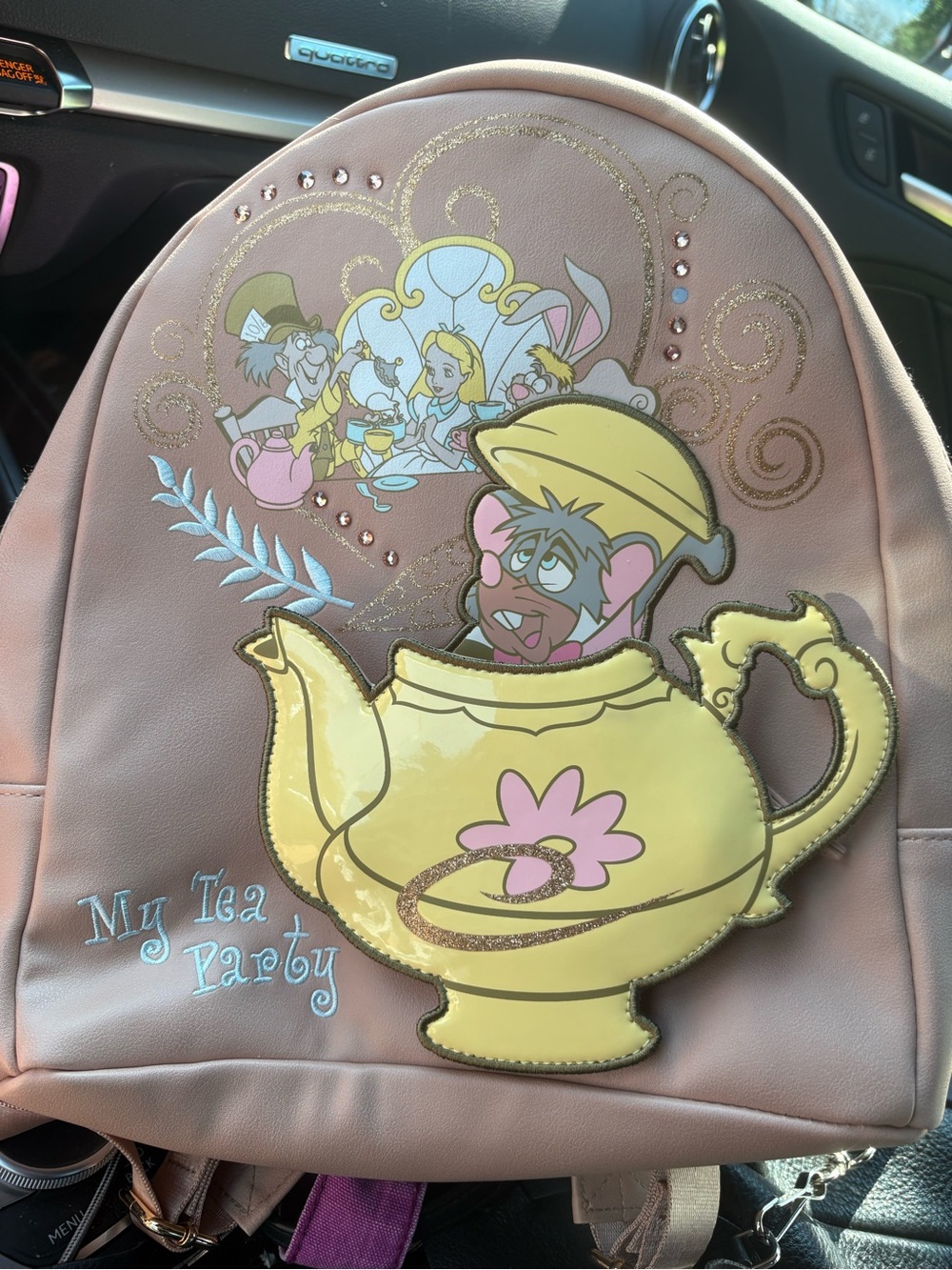 Disney Pink Tea Party Backpack with Yellow Teapot Applique